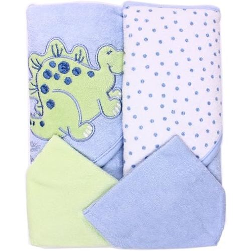 Spasilk Hooded Terry Bath Towel with Washcloths, Dino Blue, 2-Count