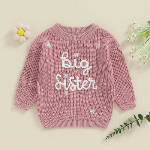 Personalized Baby Girl's Sweater with Hand-Embroidered Name Monogram -A Heartwarming Valentine's Day Gift from Mom- Big Sis Lit Sis Sweater