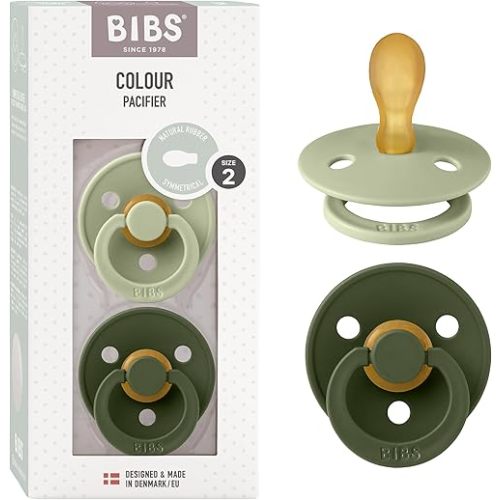 BIBS Pacifiers 6-18 Months | 2-Pack Soothers | Symmetrical Nipple | BPA-Free Natural Rubber | Made in Denmark | Sage/Hunter Green Colour Pacifier