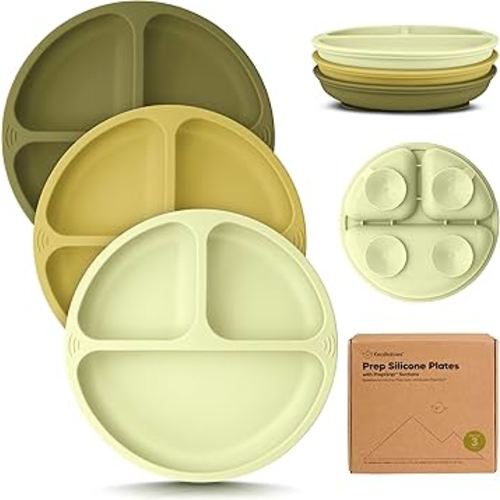KeaBabies Suction Plates for Baby, Toddler - 3-Pack 100% Silicone Toddler Plates with Suction, Divided, BPA-Free Baby Led Weaning Essentials for Kids, Dishwasher, Microwave Safe, Durable (Olives)