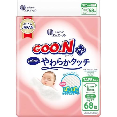 GOO.N Plus+ Diapers Newborn/XS Size (up to 11 lb) Unisex [1-Pack] 68 Count Tape Straps Sensitive Skin, Made in Japan