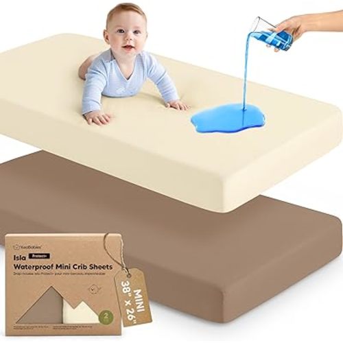 2-Pack Waterproof Pack and Play Sheets, Mini Crib Sheets Fitted for Boy, Girl - 38 x 26 Viscose from Bamboo Pack N Play Mattress Sheets for Graco, Toddler Playard Baby Crib Sheets Neutral (Latte)