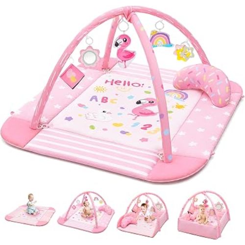 Baby Gym Play Mat, 8-in-1 Tummy Time Mat & Activity Gym, Washable Ball Pit, Infant Play Mat with Detachable Toys for Sensory Exploration and Motor Skill Development