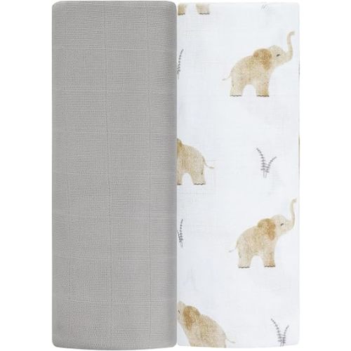 Featherhead™ 100% Cotton Muslin Swaddle Blankets for Baby Girl - Large 47”x 47” - Pre-Washed, Soft, & Breathable - Newborn Essential & Perfect Baby Registry Gift (2 Pack - Elephant)