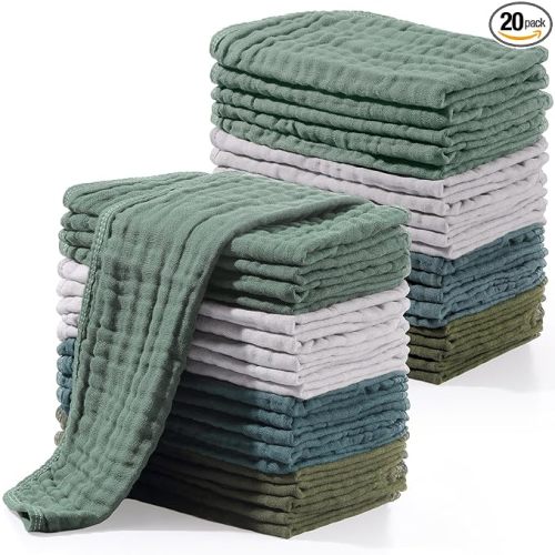 Buryeah Muslin 20 Pcs Burp Cloths Large 20" x 10" 100% Cotton 6 Layers Ultra Absorbent and Soft Hand Washcloths for Baby Drool and Messes Gentle Burp Cloth for Boys & Girls(Dark Colors)