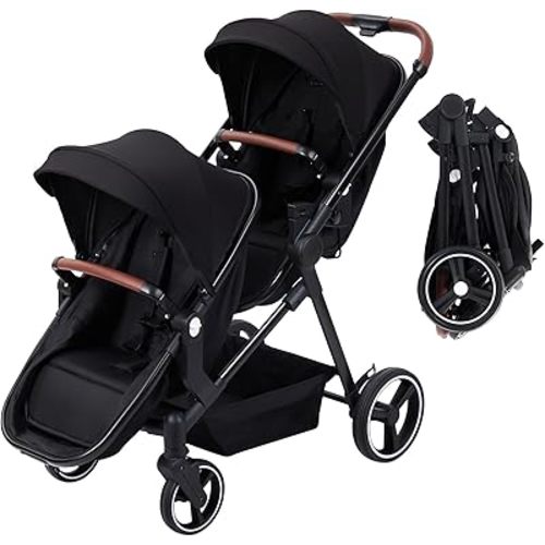 Tandem Double Stroller Newborn and Toddler, Foldable Twin Stroller with Reversible Seat, 5-Point Safety Harness, Adjustable Backrest & Canopy, Storage Basket
