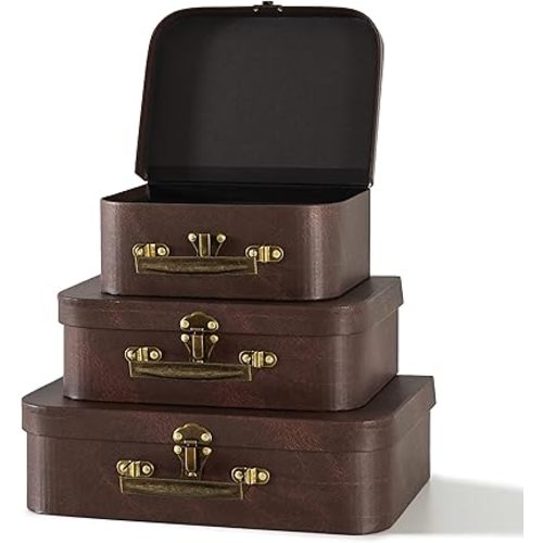 SLPR Paperboard Suitcases Set of 3, Brown Leather - Vintage Cardboard Suitcase Decor, Nesting Luggage Decorative Mache Boxes with Hinged Lids and Brass Handle, Mini Suitcases for Centerpieces