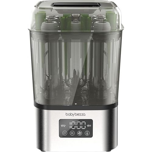 Baby Brezza 10 Minute SuperQuick Bottle Sterilizer + Dryer - Large 8 Bottle Capacity - Steam Sanitization – Universal Fit for All Bottles: Plastic + Glass + Pacifiers + Breast Pump Parts, Stainless