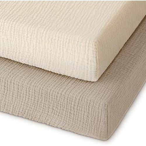 Muslin Pack and Play Sheets Fitted, 100% Cotton Mini Crib Sheets 2 Pack for Pack N Play Mattress, Stretchy Playard Sheet, Soft and Breathable Beige & Khaki