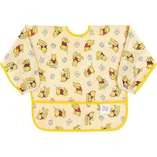 Bumkins Disney Sleeved Bib for Girl or Boy, Baby and Toddler for 6-24 Mos, Essential Must Have for Eating, Feeding, Baby Led Weaning, Long Sleeve Mess Saving Food Catcher, Winnie the Pooh Hunny