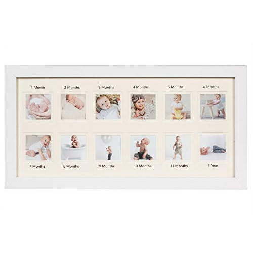 First Year Newborn Baby Collage Keepsake Picture Frame for Photo Memories with Double Beige Mat and Twelve 2.5x2.5 Slots - White
