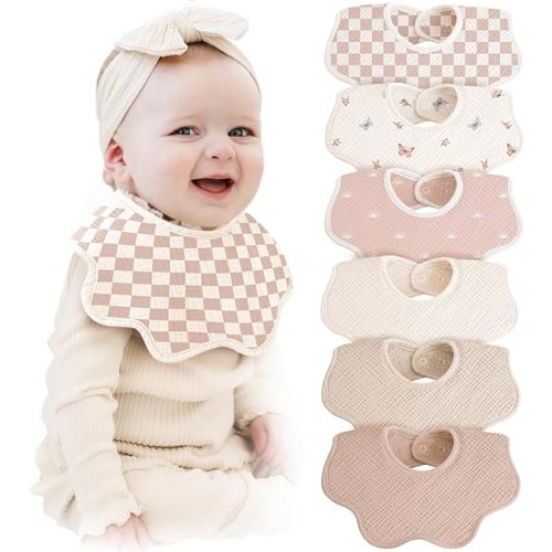 Konssy 6-Pack Muslin Baby Bandana Bibs, Drool Bibs for Girls & Boys | 100% Cotton, Soft & Absorbent, Ideal for Teething & Drooling, from Newborn to Toddler, Ages 0-36 Months
