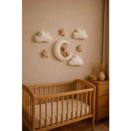 Nursery Wall Decor Set – Moon with Teddy Bear, Clouds & Stars | Neutral Baby Room Decoration | Baby Shower Gift