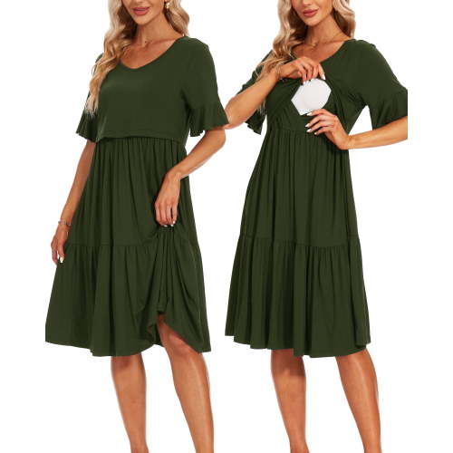 Women's Short Sleeve Ruffle Maternity Nursing Dresses for Breastfeeding