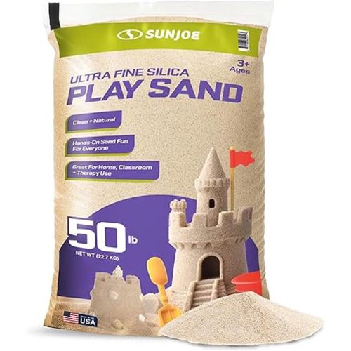 Sun Joe Silica Play Sand for Sandbox, Sensory Table & Garden Spaces, Ultra Fine, 50 Lb Bag - Indoor and Outdoor Natural Craft Accessory for Molding, Digging, Sculpting and Gardening, PLYSAND50