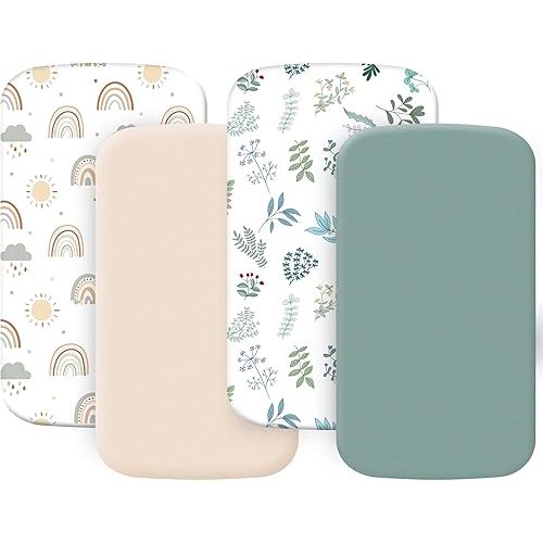 4 Pack Bassinet Sheets (19" x 33"), Compatible with Baby Delight, BabyBond and Dream On Me Skylar/Lotus/Traveler Baby Bassinet, Soft and Skin-Friendly, Mint Green and Color Rainbow