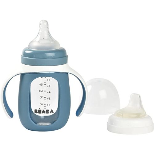 BEABA 2-in-1 Glass Baby Bottle to Glass Transition Sippy Cup, Spill Proof Sippy Cup, Toddler Baby Bottle with Soft Silicone Nipple and Spout, 7 oz (Rain)