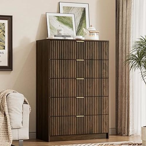 Furniway Walnut Dresser for Bedroom, Tall Dresser with 5 Drawers and Smooth Slides, Modern Chest of Drawers with Golden Handles for Bedroom, Living Room, Closet, 15.7" D x 31.5" W x 47.2" H