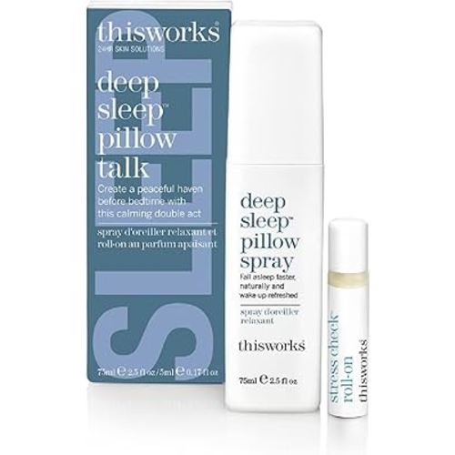 This Works Deep Sleep Pillow Talk Set – Natural Sleep Remedy Duo with Lavender, Camomile & Vetivert – 75ml Pillow Spray & 5ml Stress-Check Roll-On ($42 Value Set)