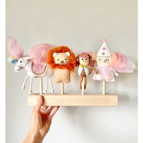 4 puppet circus set in pastel pink and blue including lion, horse, clown and monkey for Mimiki puppet theatre