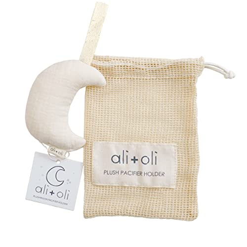 Ali+Oli Plush Muslin Cotton Pacifier Holder (Moon-Ivory) Soft Binky Holder for Babies, Plush Holder for Pacifiers, Cute Baby Binkies Plush Holder, Pacifier Holder for Baby Boys & Girls