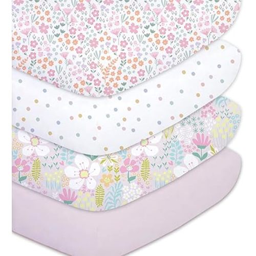 Little Grape Land 4 Pack Fitted Crib Sheets for Baby Boys, 28"x 52" Extra Soft Microfiber Crib Sheet Set for Standard Crib & Toddler Mattress Pad,Pink Flower