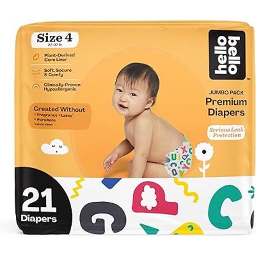 Hello Bello Premium Baby Diapers Size 4, 21 Count of Disposable, Extra-Absorbent, Hypoallergenic Baby Diapers with Snug and Comfort Fit, Alphabet Soup