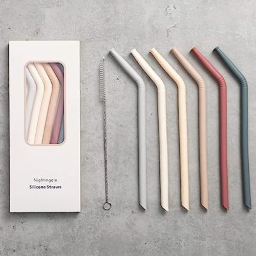 Nightingale Reusable Silicone Straws - Bendy Drinking Straw with Cleaning Brush - Collapsible and Bendable Travel Straw for Kids - Dishwasher Safe, Food-Safe - Set of 6 (Oak Multi)