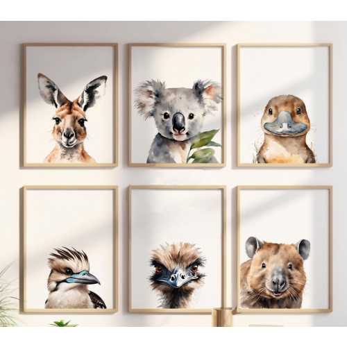 Australian Animal Nursery Prints, Set of 6 Decor, Indigenous Watercolour Wall Art, Peeking Aussie Native Animals Digital Print