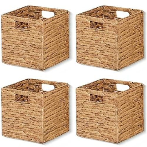 11x11x11in Storage Baskets Wicker Cubes Set of 4 Baskets ,Foldable Water Hyacinth Baskets,Handwoven Storage Baskets for Shelves,Kitchen or Outdoor