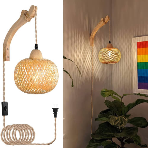 Frideko Bamboo Lantern Plug in Wall Sconces Wicker Wall Lamp with Plug in Cord Hand Woven Rattan Wall Light Farmhouse Rustic Wall Sconces Boho Sconces Wall Lighting for Living Room Bedroom
