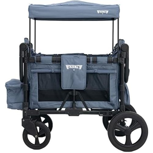 Keenz MOOV 4-Passenger All-Terrain Stroller Wagon with Reclining Seats, Built-in Cooler, Push/Pull Handle, Rubber Wheels, and Activity Tray – Foldable Wagon for Four Kids, Blue