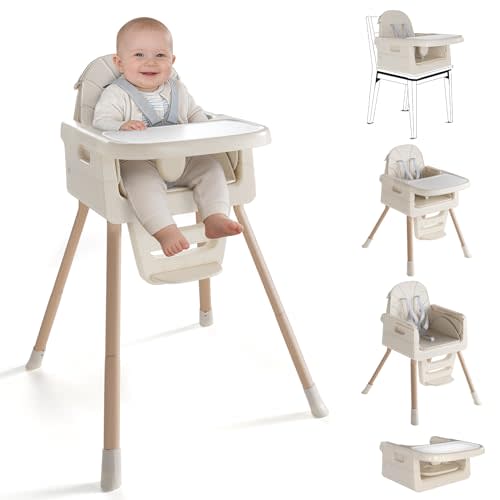 EverKiddo Baby High Chair for 6 Months+, Foldable High Chairs for Babies and Toddlers, Convertible Toddler Chair, Adjustable Tray & Footrest, Lightweight, Stable & Easy to Clean(White with Wood Grain)
