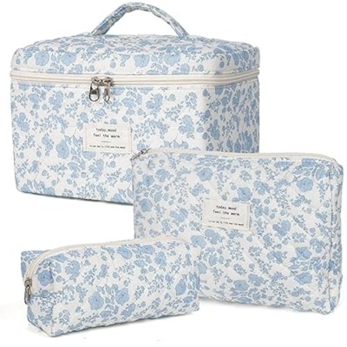 Makeup Bag,Quilted Cosmetic Bag,Large Floral Make Up Bag for Women,Cotton Makeup Bag Set,Flower Travel Toiletry Bag