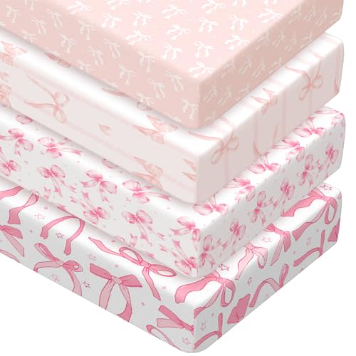 Peryiter 4 Pack Crib Sheets Girl Soft Baby Bed Sheet Set 52'' x 28" Nursery Crib Sheets for Standard Bed for Nursery Decor Baby Boys or Girls(Pink,Pink Bow)