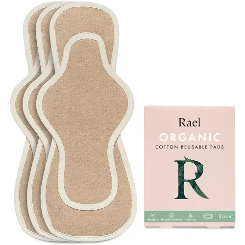Rael Reusable Pads, Organic Cotton Cover Pad - Postpartum and Period Essential, Heavy Absorbency, Thin Cloth, Leak-Free, Washing Machine Safe (3 Count, Overnight)