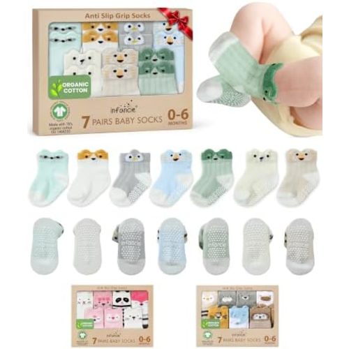GOTS Organic Cotton Blend 7 Baby Socks 0-6 Months Animal Design Non Slip