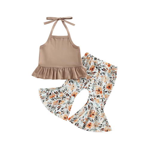 generic Newborn Toddler Baby Girls Summer Clothes Set 0 6 12 18 24 Months Knit Halter Romper Leopard/Sunflower Bell Bottoms Pant Summer Outfit