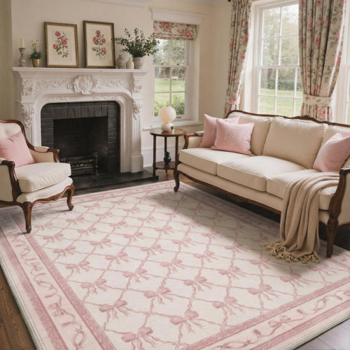 Bungalow Rose Coquette Pink Bow Trellis Machine Washable Non-slip Area Rug | Wayfair