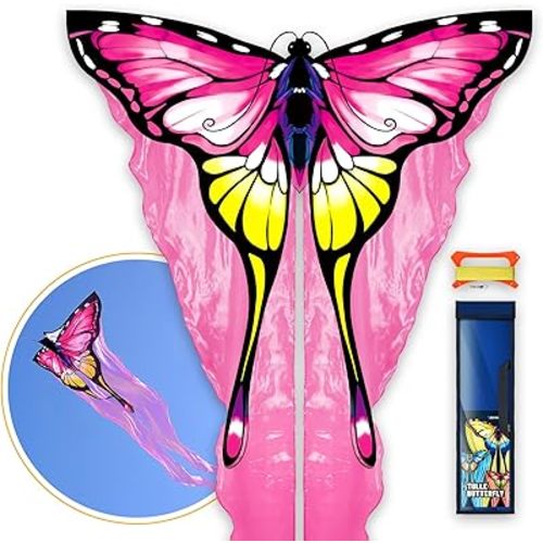 SGftre Tulle Butterfly Pink Kite，Extremely Easy to Fly, Perfect Beach Kites for Family Outdoor Activities, Ideal for Adults and Kids, Includes Kite Thread (Pink)