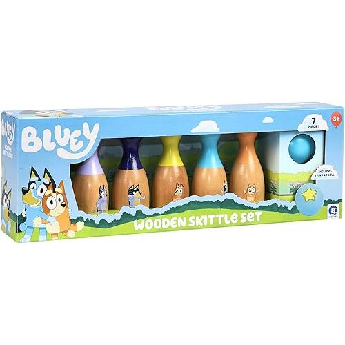 Bluey Wooden Bowling Set – Skittle Game with 6 Character Wooden Bowling Pins, Durable Toy for Kids Ages 3+, Indoor & Outdoor Play
