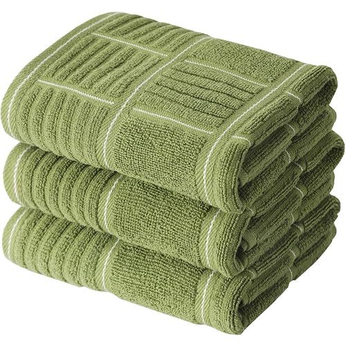Anyi 100% Cotton Kitchen Towels, Absorbent Dish Towels with Hanging Loop, Soft Kitchen Hand Towels for Washing Drying Dishes(16x26, Set of 3) (Green)
