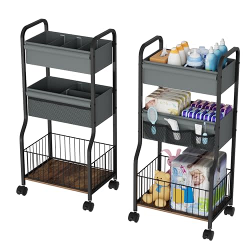 NEYCIL 3-tier Baby Diaper Caddy Organizer and Storage Cart with 4+3 Dividers, Metal Utility Cart with Lockable Wheels for Nursery, Bedroom, Bathroom, Black