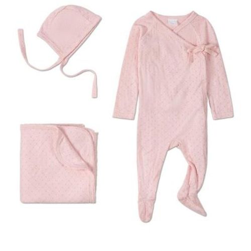 MiniMoi 3 Piece Baby Girls "Little Hearts" Pointelle Rayon from Bamboo Blend Footie Set Pink 6 Months