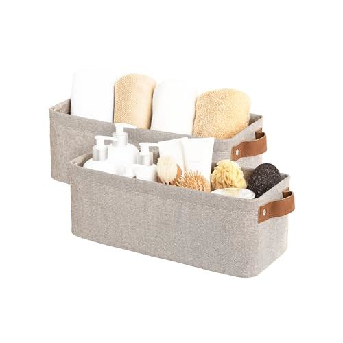 StorageWorks Narrow Storage Bins, Small Basket for Closet and Shelves, Fabric Organizer with Handles, Toilet Paper Storage, Brown and Beige, 2-Pack