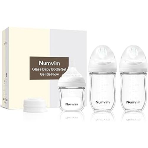 Glass Baby Bottles Gentle Slow Flow, Newborn Breastfeeding Bottle with Anti Colic Nipple for 0 Months Babies, 3 Packs (White, 3oz+5oz)