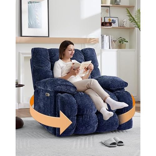 Oversized Power Swivel Rocker Recliner Chair for Big and Tall, Electric Chenille Glider with USB Ports, Extra Wide Overstuffed Reclining Sofa for Living Room Nursery, 375lbs (Blue, Power)