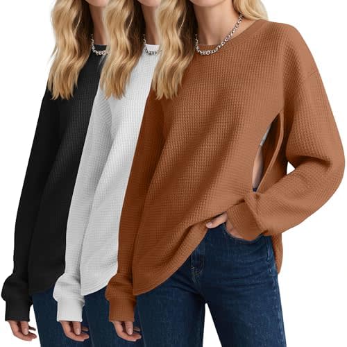 3 Pack Women's Oversized Nursing Tops, Waffle Knit Breastfeeding Zipper Sweatshirt Long Sleeve Maternity Shirts