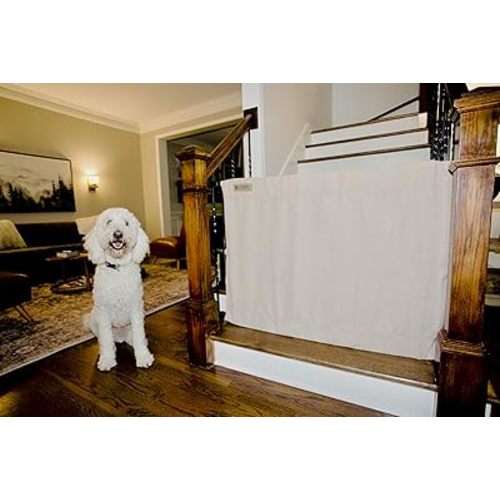 The Stair Barrier First Fabric Banister to Banister Baby Gates for Stairs 36”–42” Wide x 32” Tall– No Drill Baby Gate for Top or Bottom Staircase, Machine-Washable Climb Proof, Designed in USA, Beige