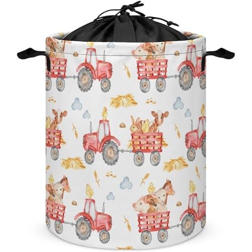 Cartoon Farm Animals Laundry Hamper Waterproof Laundry Basket with Drawstring Collapsible for Boys Girls Bedroom Bathroom Oganizer